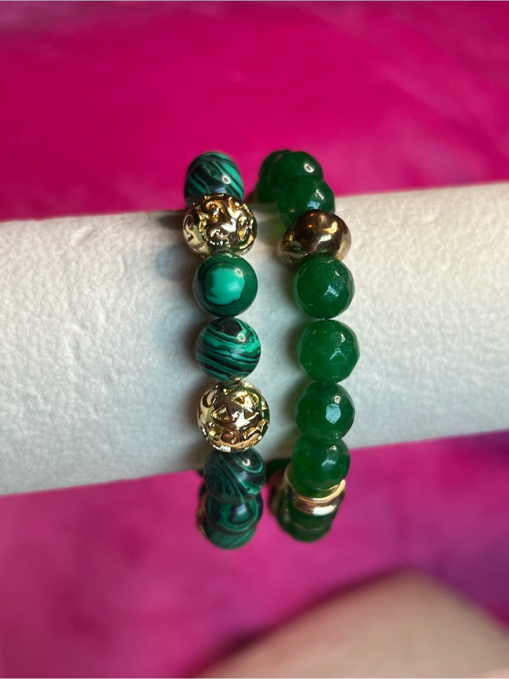 (2) Green Beaded Stretch Bracelets with Gold Accents